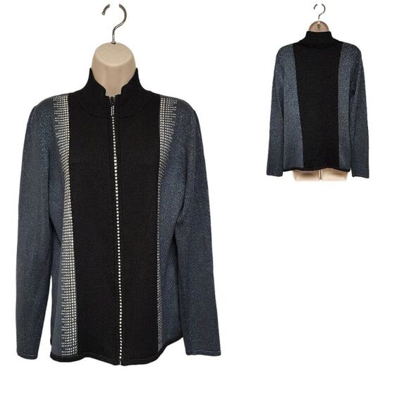 Fontana Black Ribbed Shimmer Jeweled Zip Up Sweater Size Medium - Picture 1 of 5